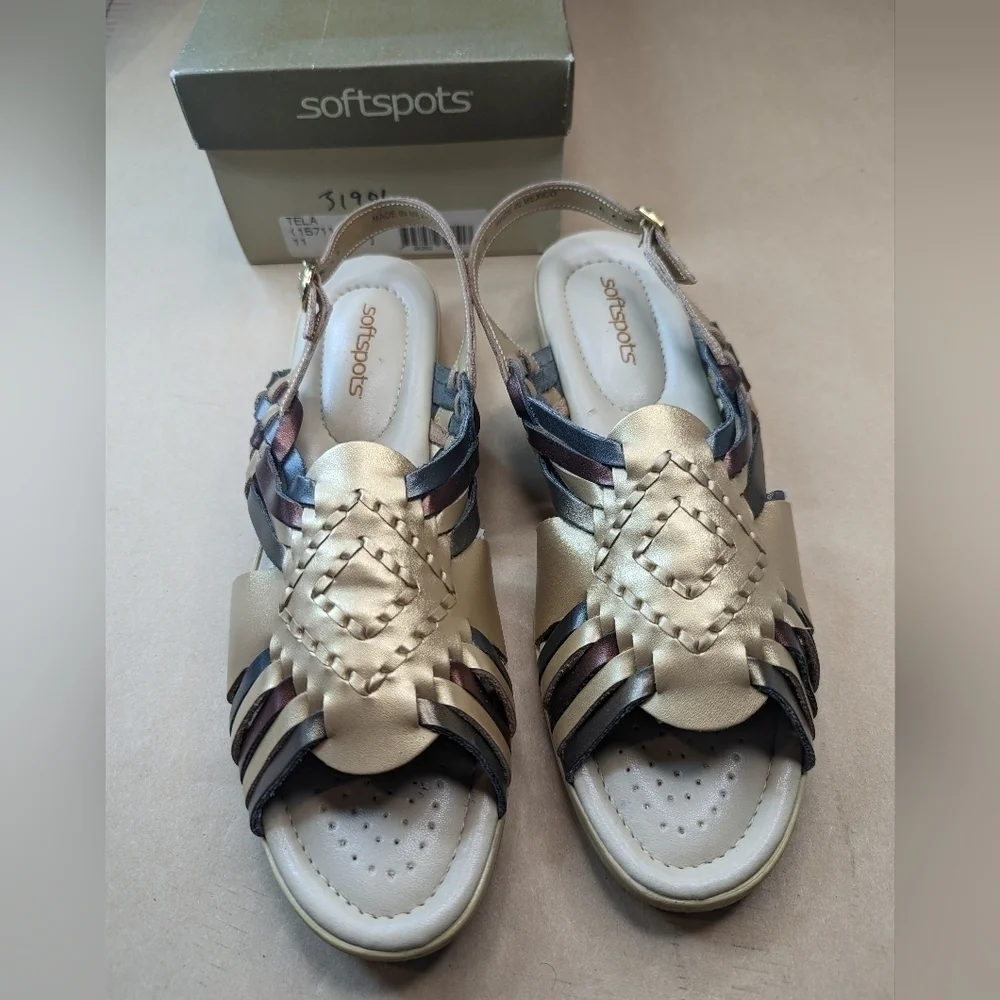 Softspots Women's Tela Brown /Gold leather Slingback Sandals Shoes 11 Narrow
